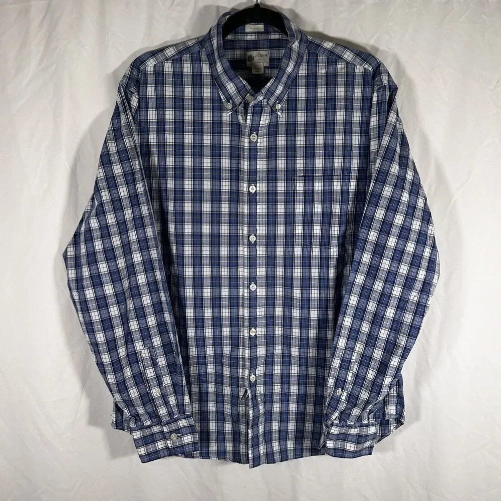 J Crew Shirt Men's Large Blue White Plaid Button Up Long Sleeve Tailored